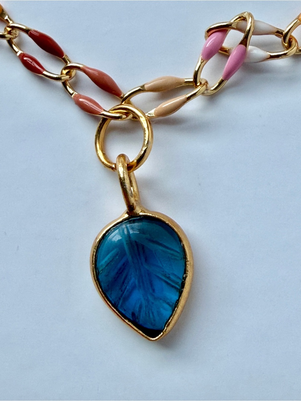 Blue Topaz Carved Leaf Pendant on Enamel Ombre Gold Plated Chain Handmade